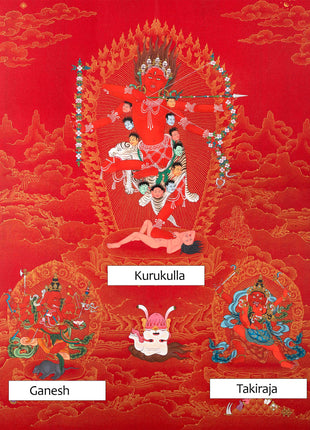 Kurukulla with Ganesh And Takiraja | Tibetan Thangka in Marthang Style
