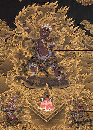 Ekajati Rahula And Dorje Legpa | Three Nyingma Protectors | Black and Gold Thangka