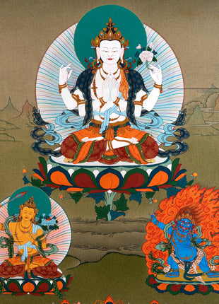 Chenrezig With Manjushri And Vajrapani | Bodhisattva Thangka