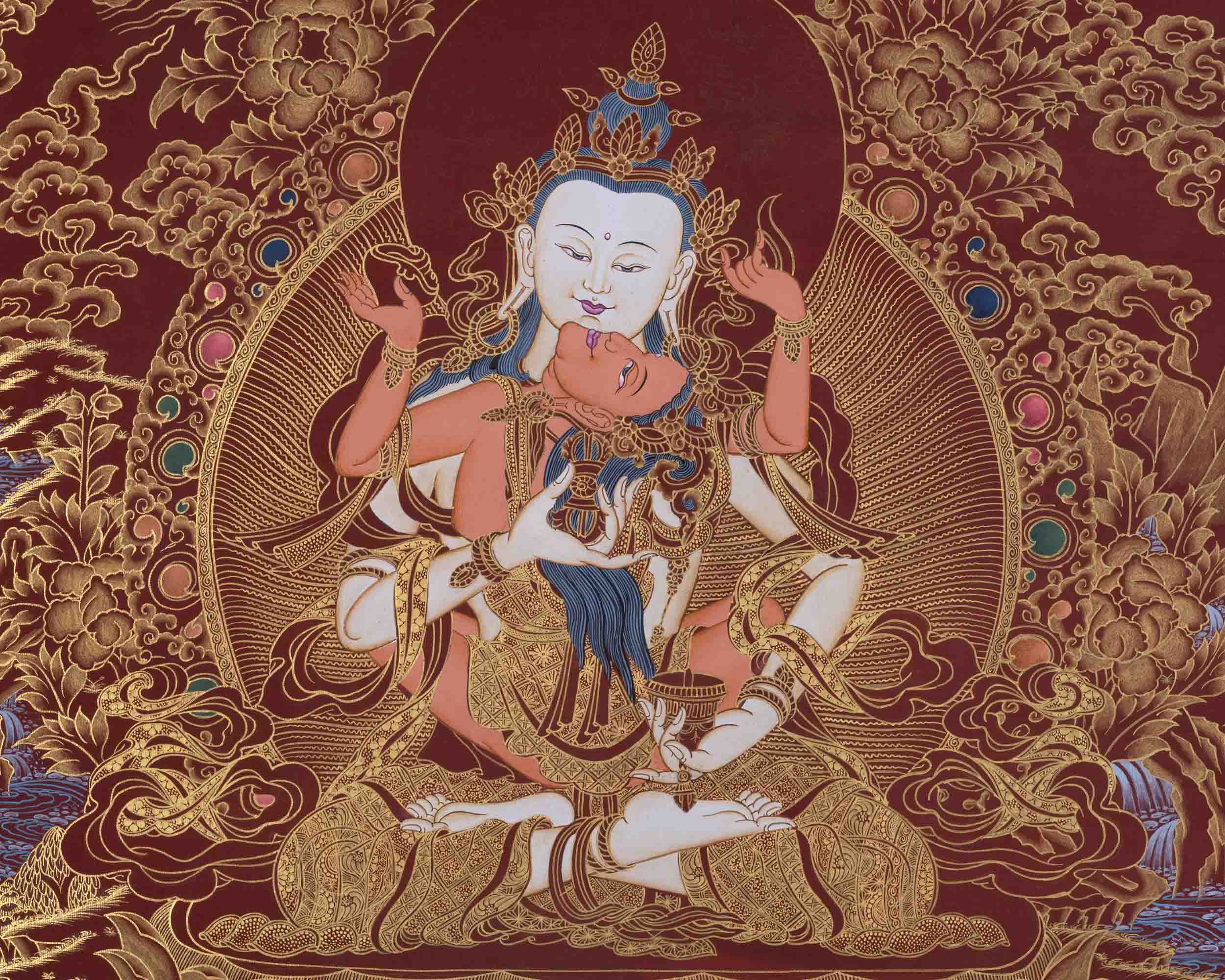 Red And Gold Vajrasattva Yab Yum Thangka | Wall Decor Painting
