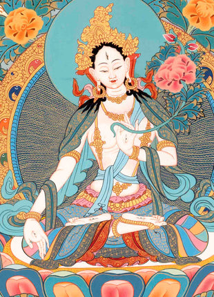 Hand-Painted White Thangka | Buddhist Tara Thangka