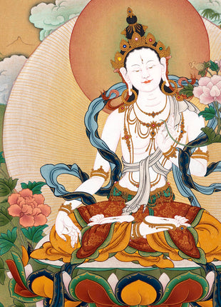 White Tara with Namgyalma, Amitayus Buddha | Treasure Bodhisattva | Tibetan Thangka