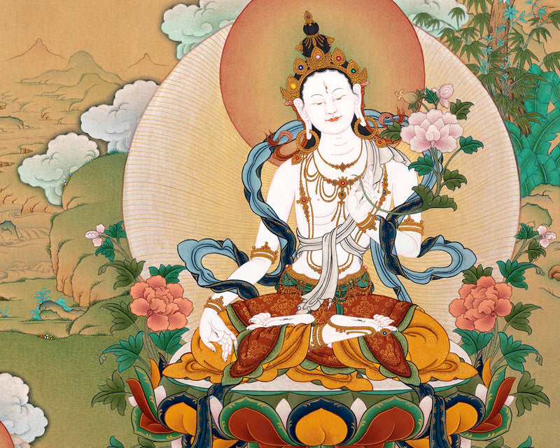 White Tara with Namgyalma, Amitayus Buddha | Treasure Bodhisattva | Tibetan Thangka