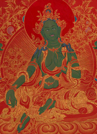 24K Gold Green Tara Thangka | Traditional Tibetan Painting | Wall Decors
