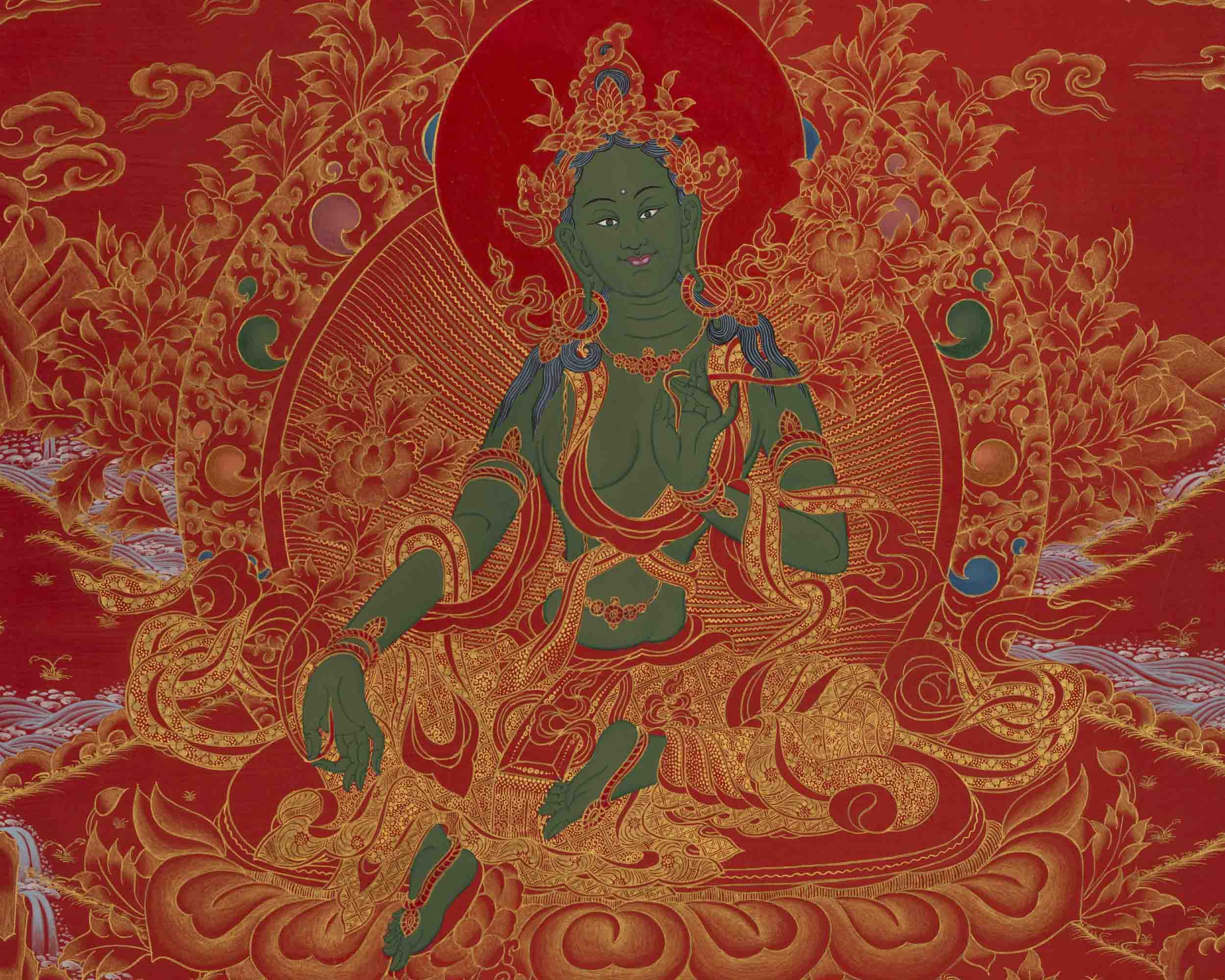 24K Gold Green Tara Thangka | Traditional Tibetan Painting | Wall Decors