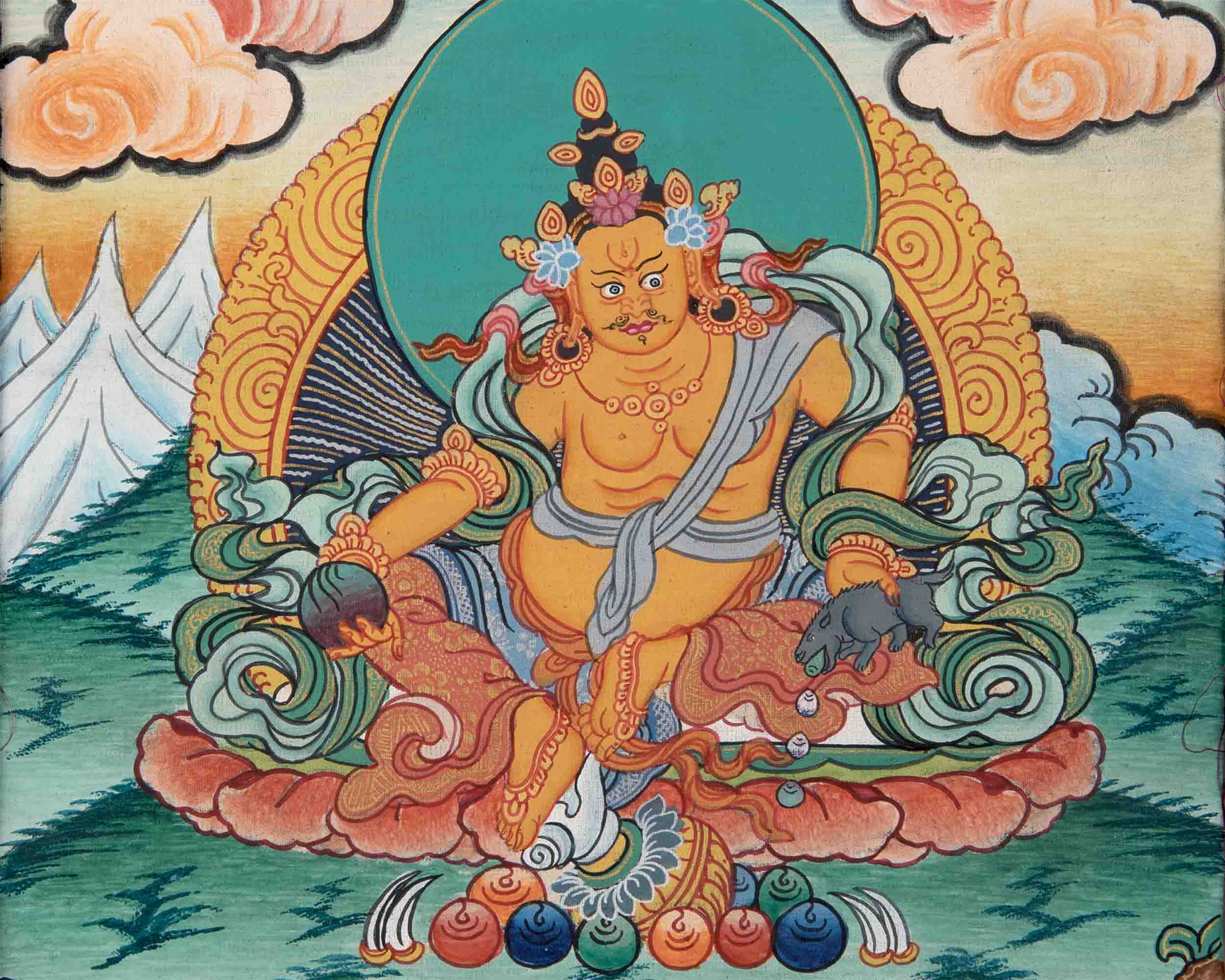 Dzambala Kubera Thangka With Brocade | Hand-Painted Deity Of Wealth