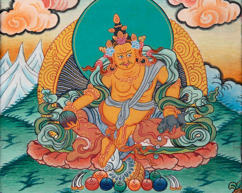 Dzambala Kubera Thangka With Brocade | Hand-Painted Deity Of Wealth