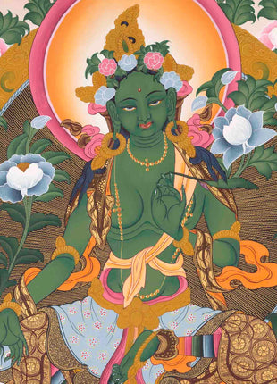 Green Tara Thangka | Religious Buddhist Painting | Wall Hanging Decors