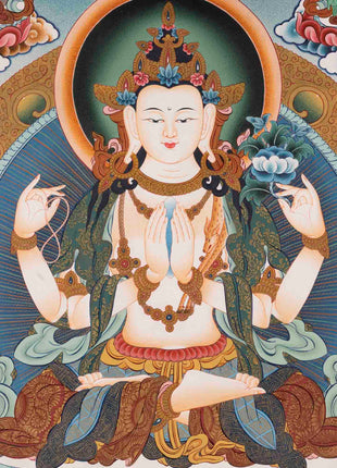 Handpainted Avalokiteshvara Chengrezig  | Yoga Meditation Canvas Art