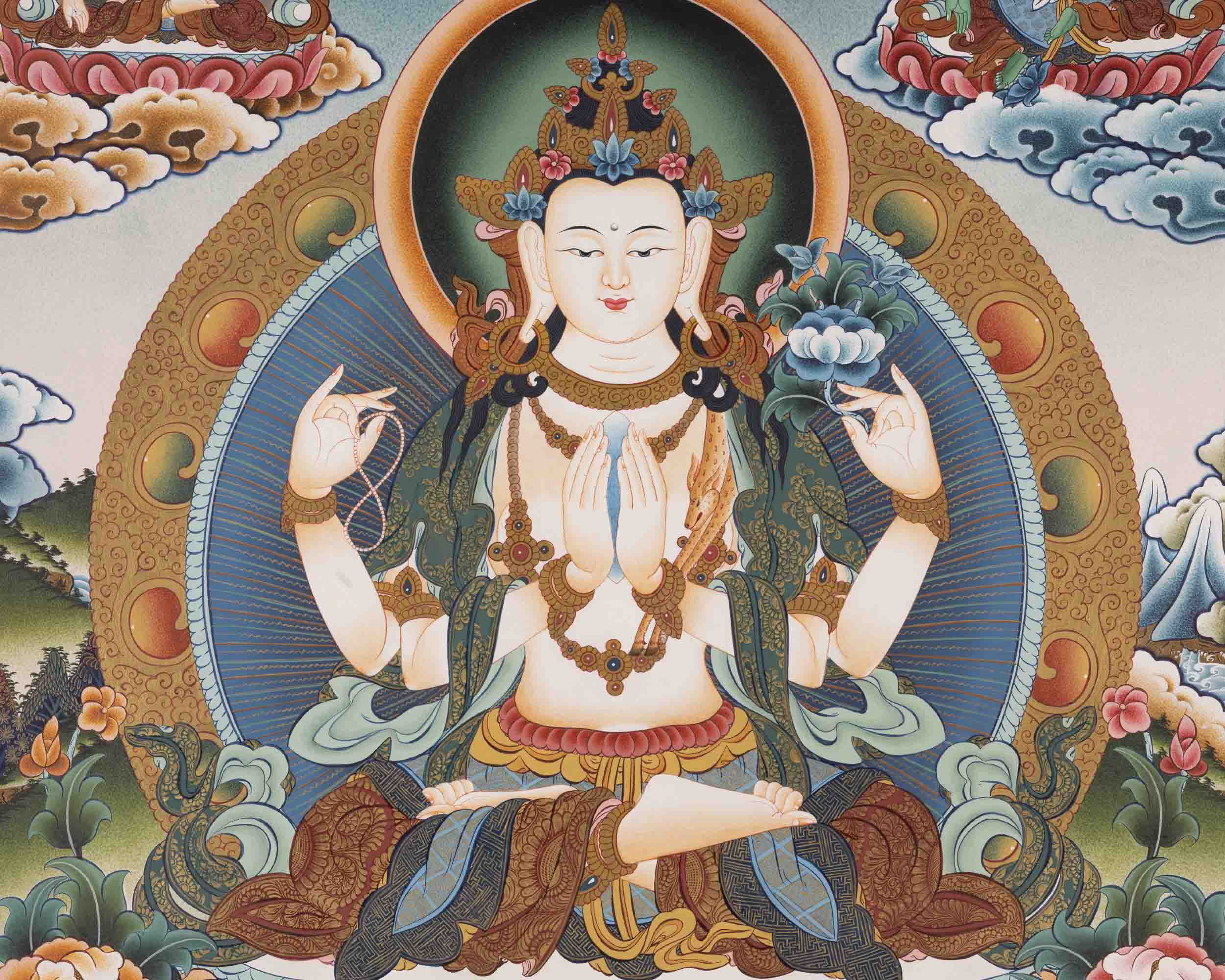 Handpainted Avalokiteshvara Chengrezig  | Yoga Meditation Canvas Art