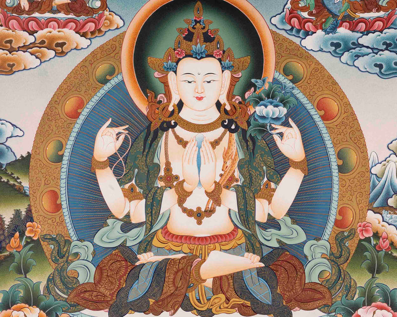 Handpainted Avalokiteshvara Chengrezig  | Yoga Meditation Canvas Art