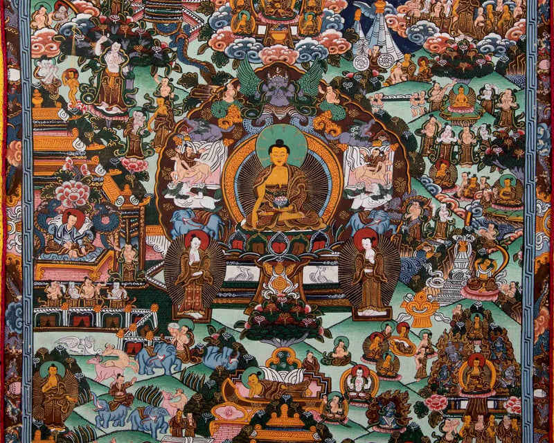 Vintage Buddha Life Story Thangka With Brocade