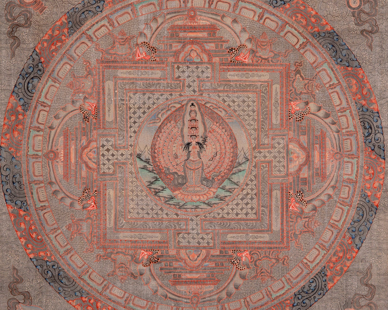 Silver Lokeshvara Mandala with Brocade | Tibetan Chenrezig Wall Hanging