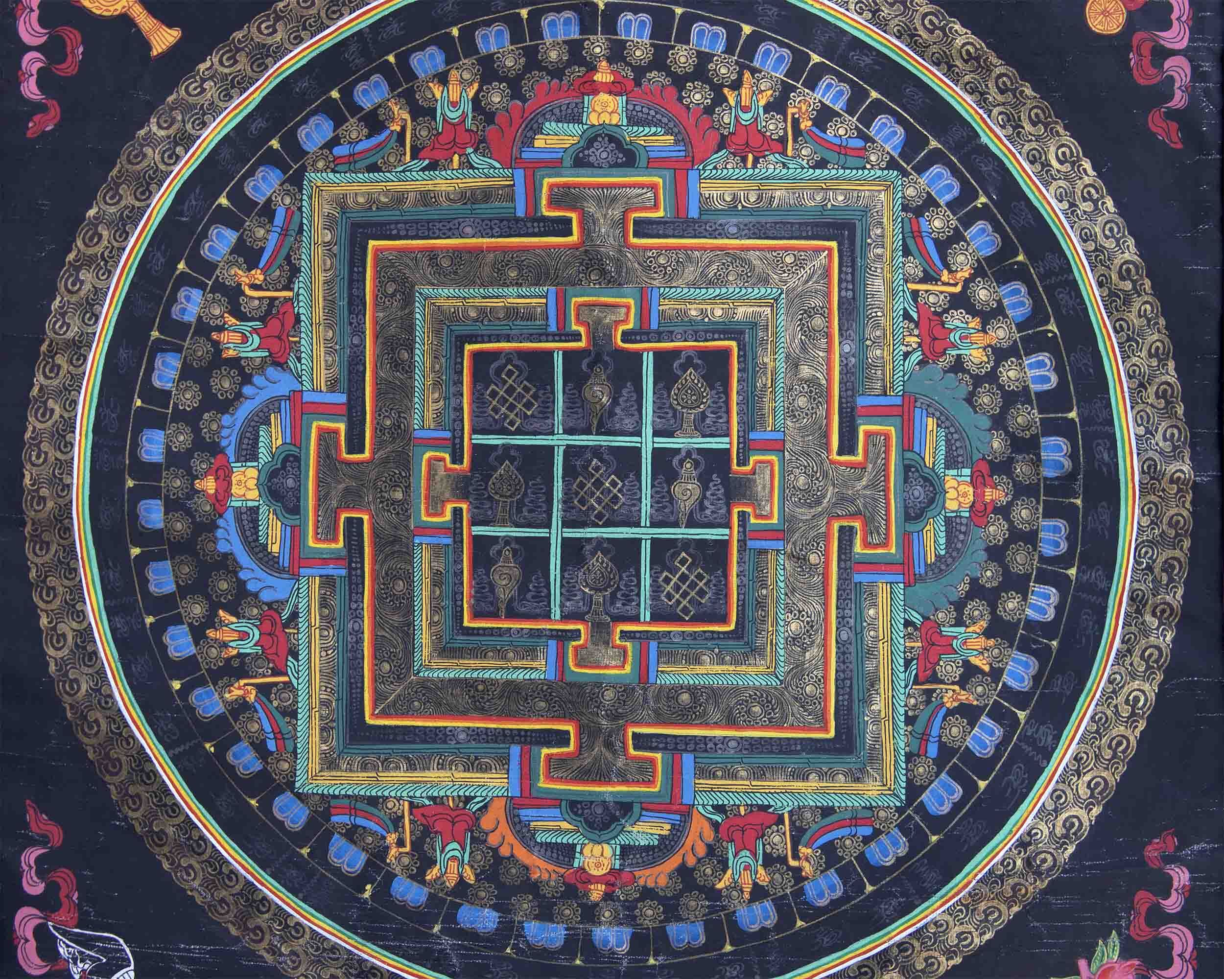 Vintage 8 Auspicious Mandala Thangka With Exquisite Brocade | Tibetan Wall Hanging