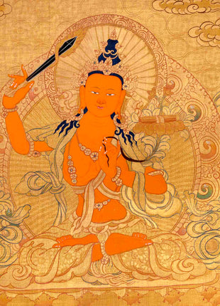 Gold Manjushree Thangka | Hand Painted Bodhisattva Art