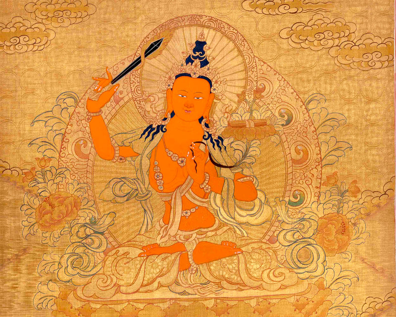 Gold Manjushree Thangka | Hand Painted Bodhisattva Art