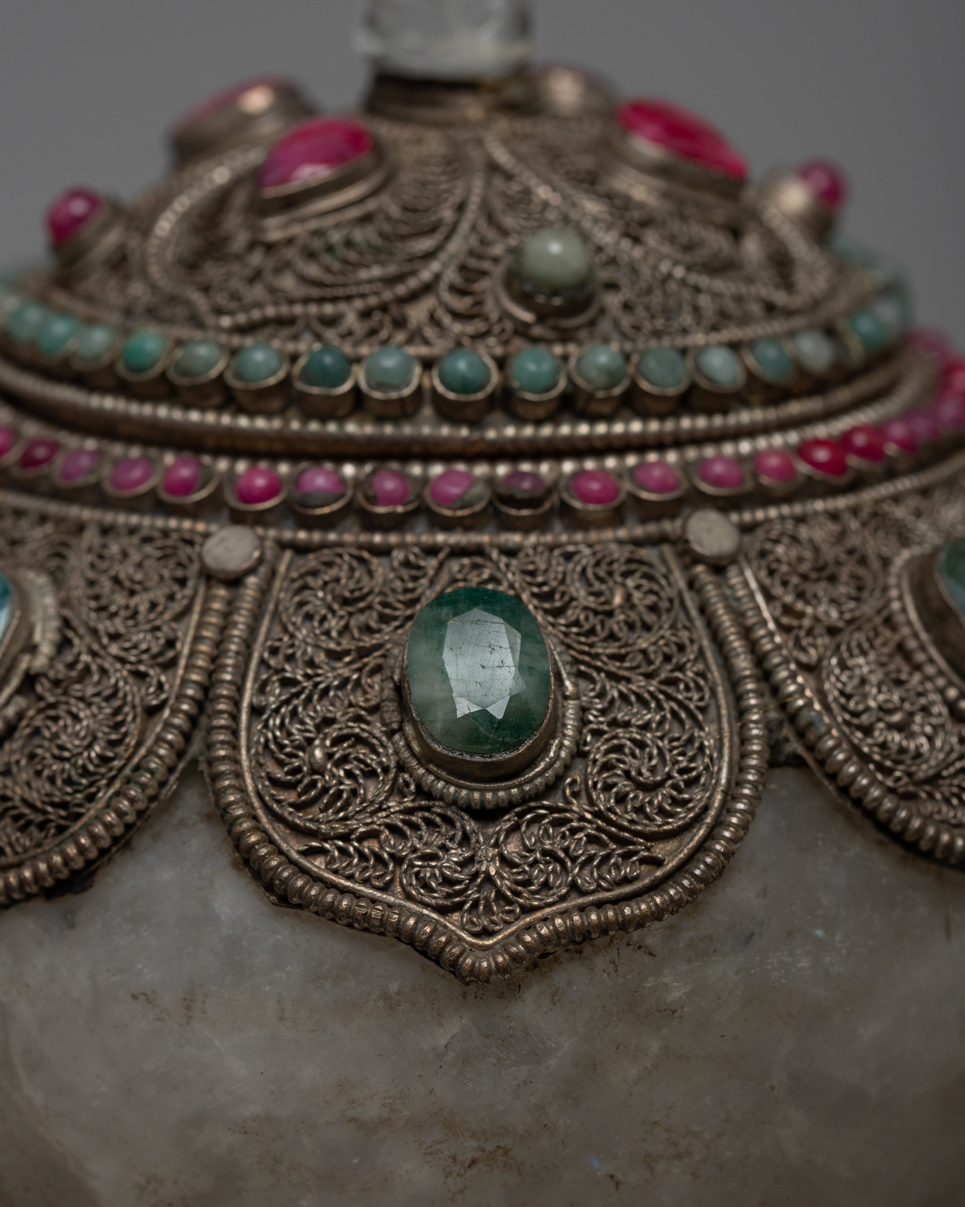 Crystal Bowl | Old Tibetan Filigree Carving Gemstones Inlay | Home Decors