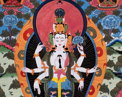 Old Avalokiteshvara Thangka | Followed By Mahakala & Bodhisattvas | Wall Decors