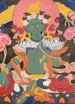 Rare Green Tara Thangka  | Vintage Tibetan Wall Decor