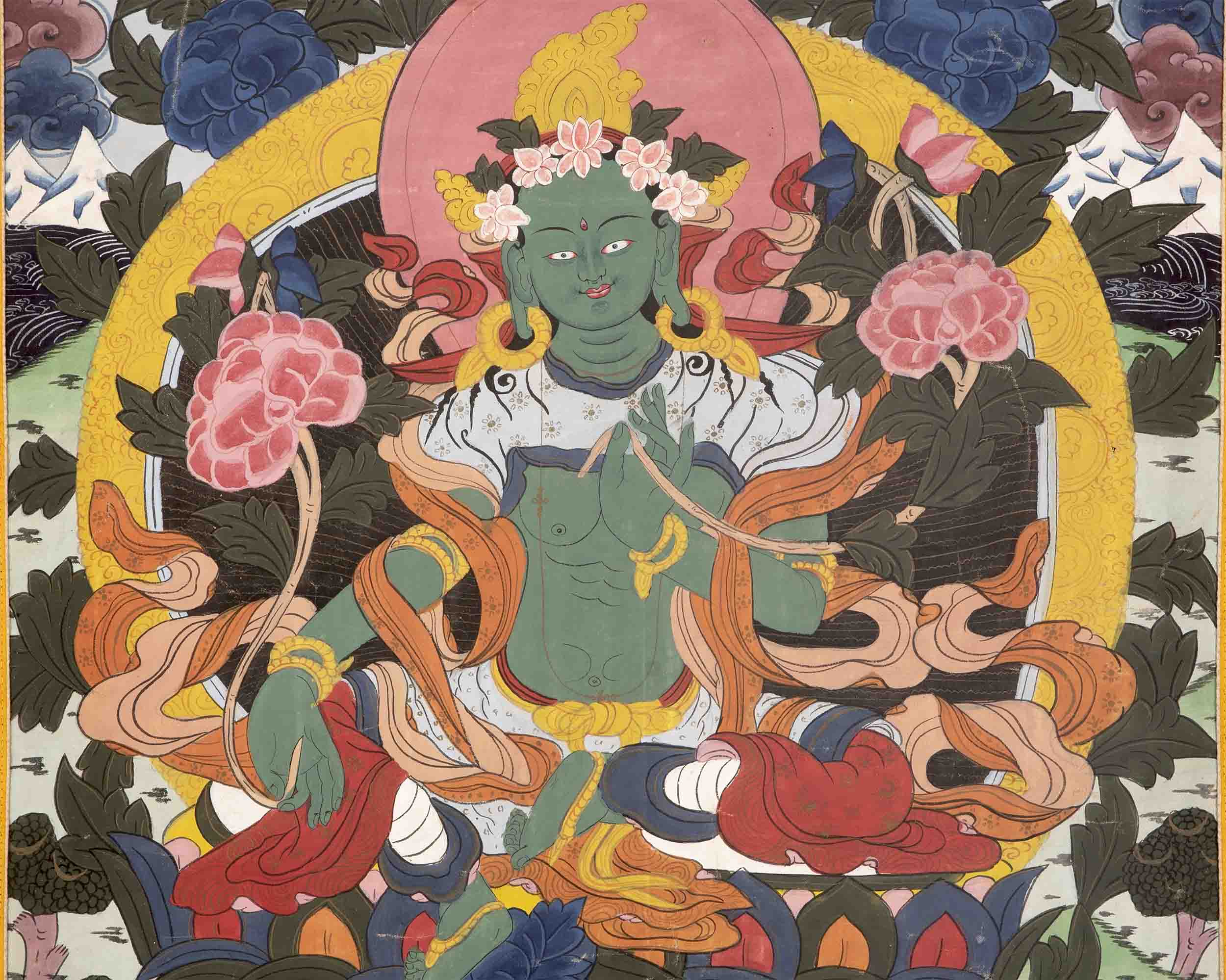 Rare Green Tara Thangka  | Vintage Tibetan Wall Decor