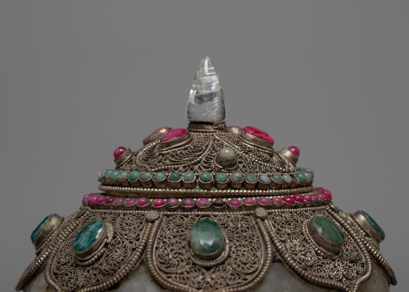 Crystal Bowl | Old Tibetan Filigree Carving Gemstones Inlay | Home Decors