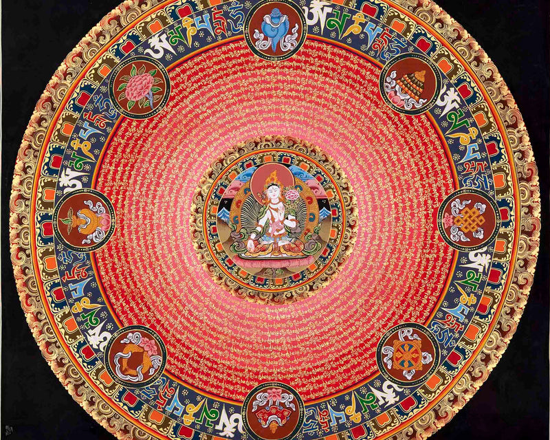White Tara Mantra Mandala Thangka | Sacred Thangka Painting
