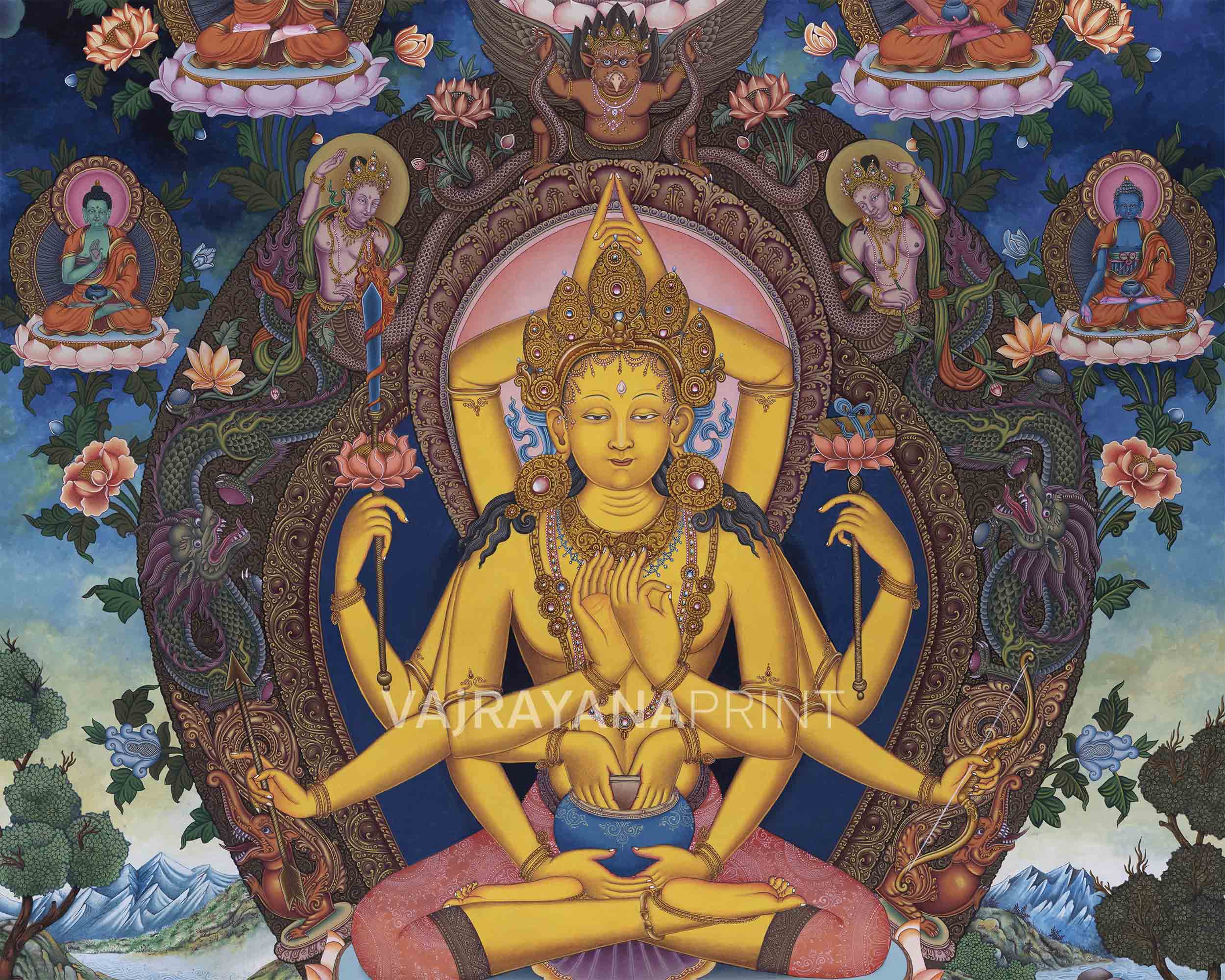 Manjushri Namasangiti With 12 Arms In Newari Print | Himalayan Bodhisattva Of Wisdom Pauba Print