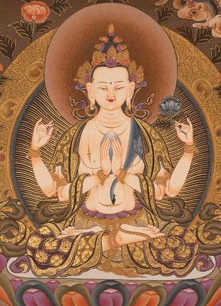 4Armed Chengrezig Thangka | Traditional Buddhist Painting