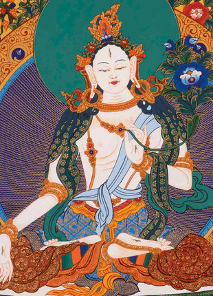 White Tara Thangka | Handpainted Female Bodhisattva | Wall Decors