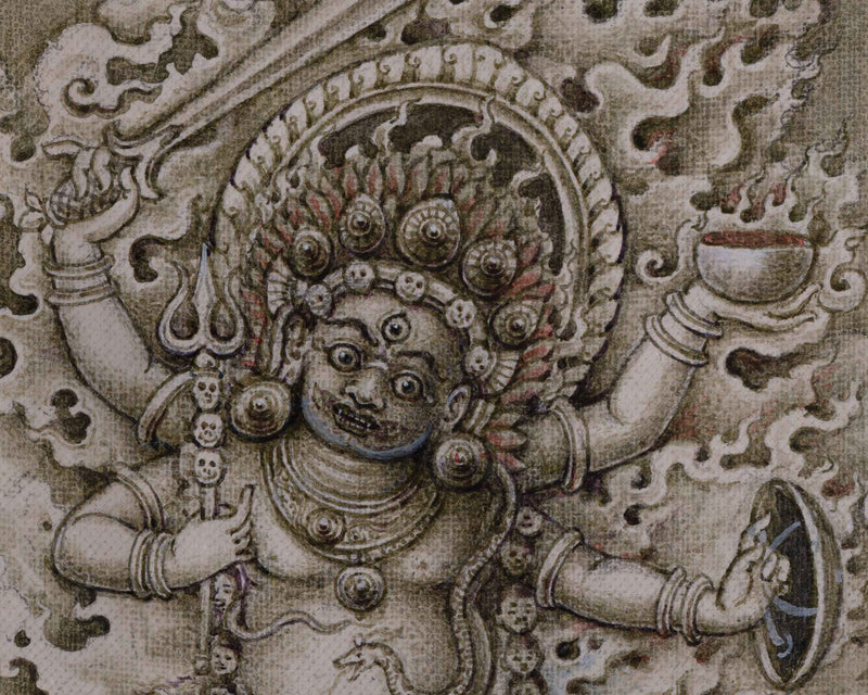 Thangka Print To Practice Mahakala Mantra | Four Armed Mahakala Holding Different Ritual Items