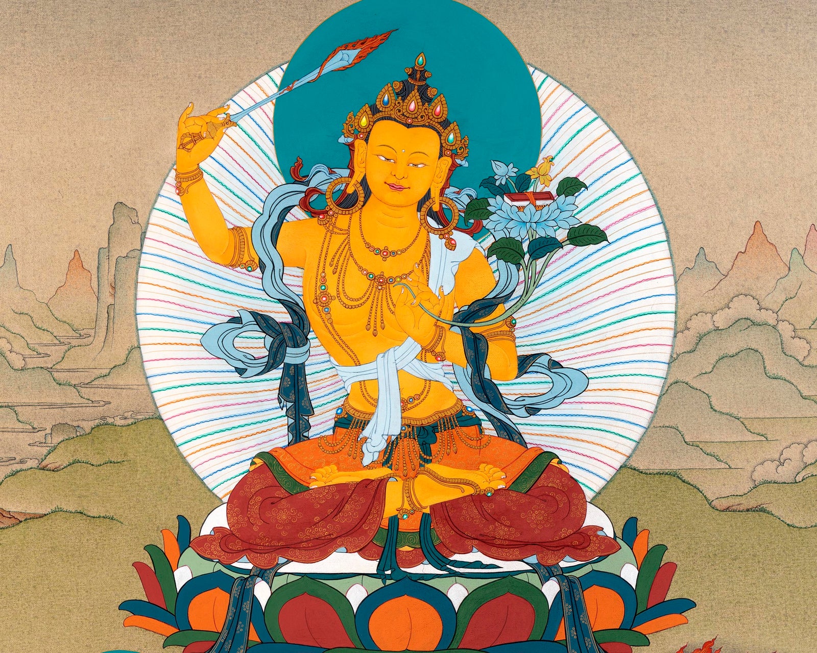 Manjushri With Chenrezig and Vajrapani Thangka | Tibetan painting