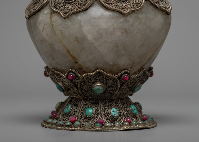 Crystal Bowl | Old Tibetan Filigree Carving Gemstones Inlay | Home Decors
