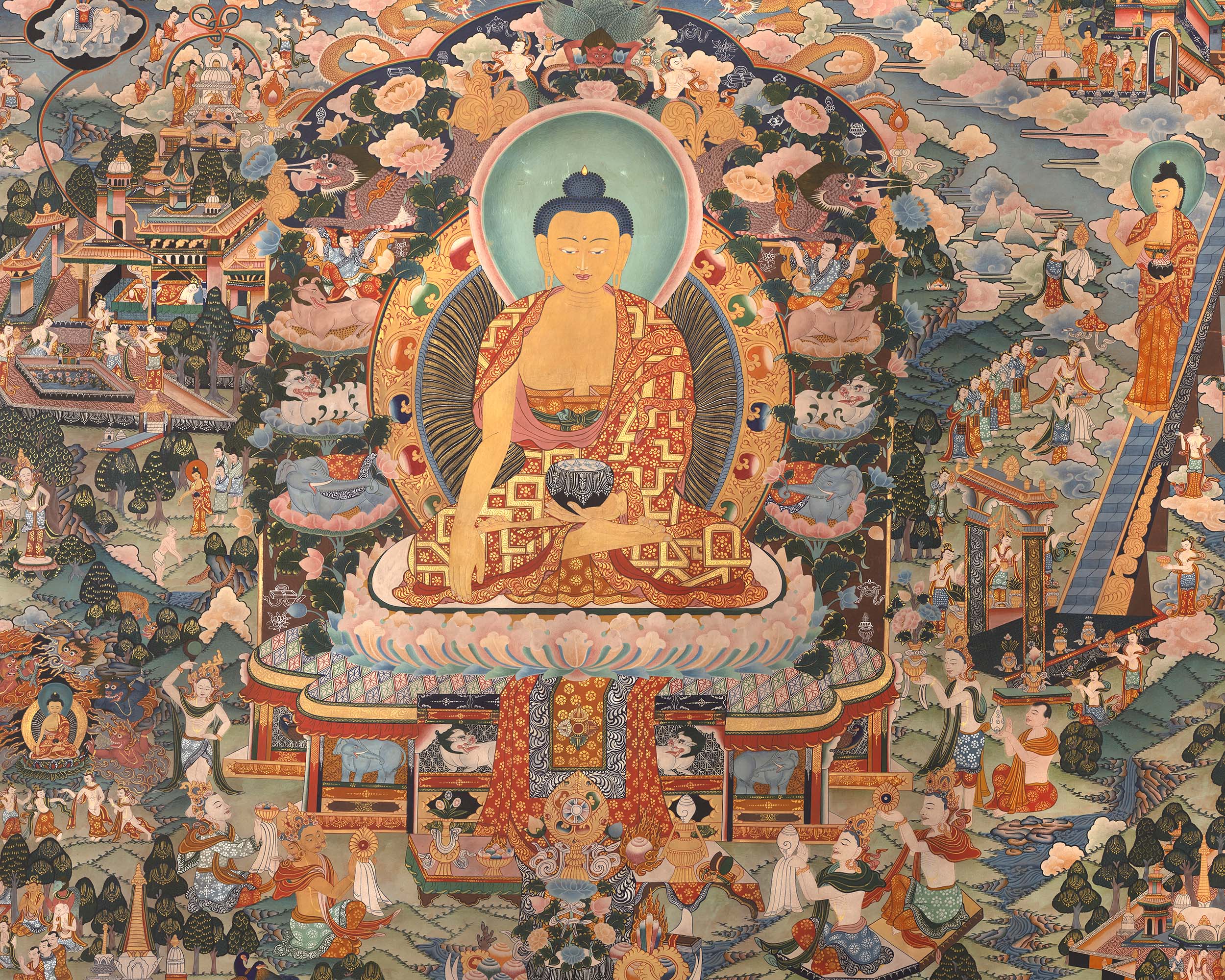 Shakyamuni Buddha Life Story | Vintage Original Hand-Painted Thangka