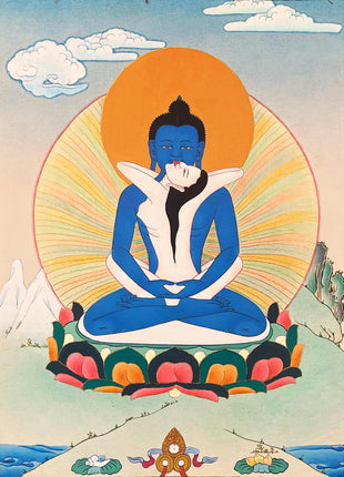 Samantabhadra with Consort, Yab yum Thangka Painting in Brocade Silk Frame