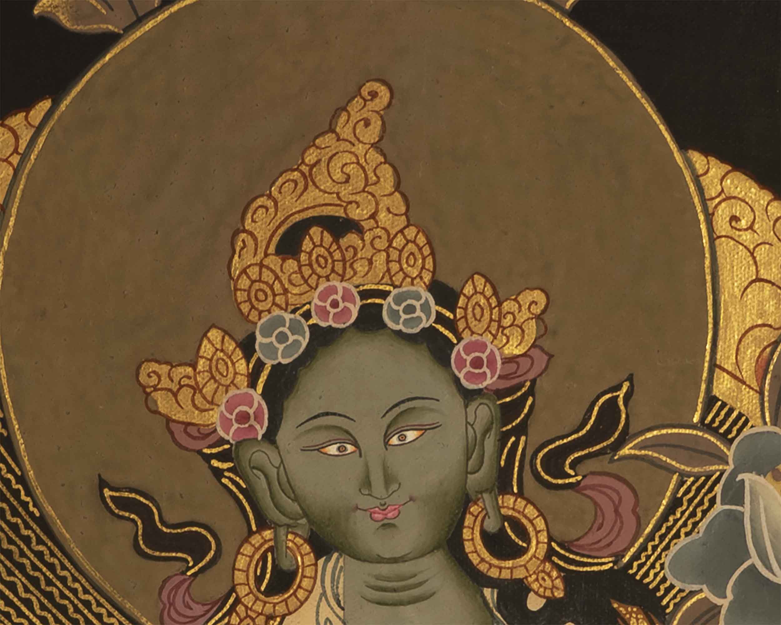Small Green Tara Thangka | Religious Art For Wall Decor
