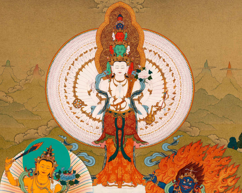 Traditional Chenrezig Avalokiteshvara Thangka | 1000 Armed Chenreizg with Manjushri and Vajrapani