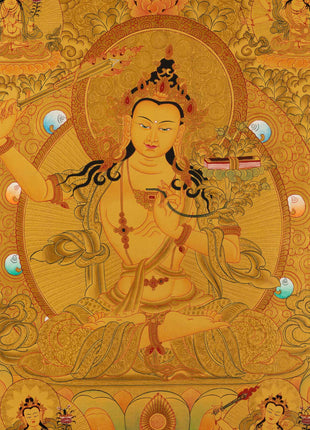 Gold Manjushree Thangka | Hand Painted Bodhisattva Art