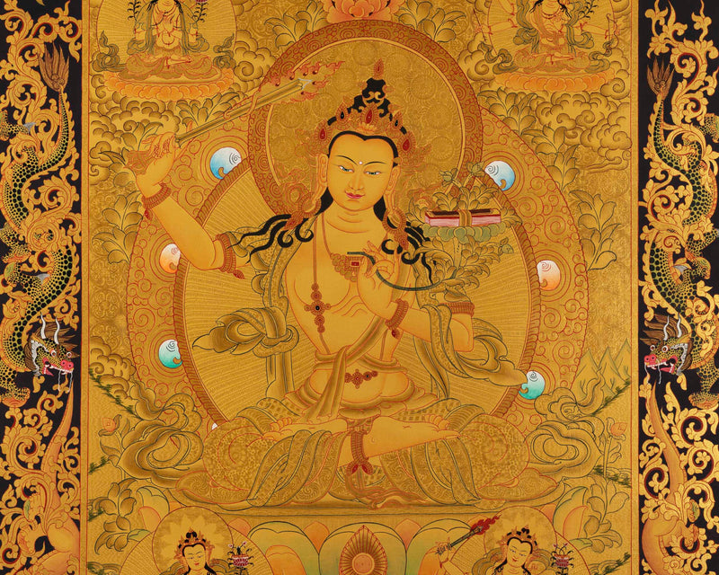 Gold Manjushree Thangka | Hand Painted Bodhisattva Art