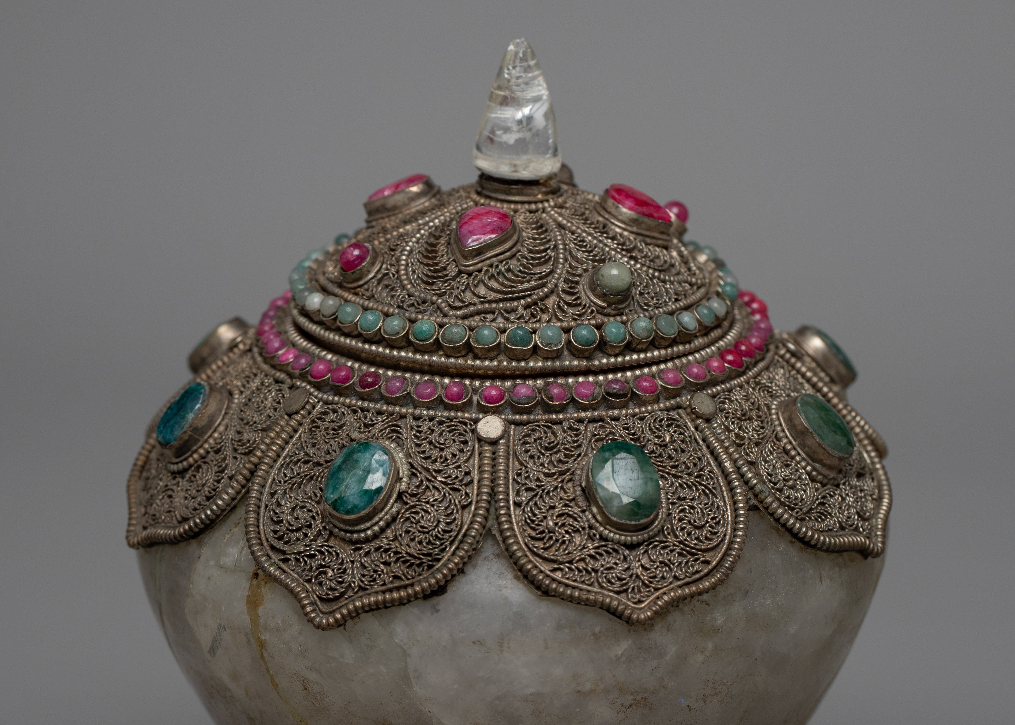 Crystal Bowl | Old Tibetan Filigree Carving Gemstones Inlay | Home Decors