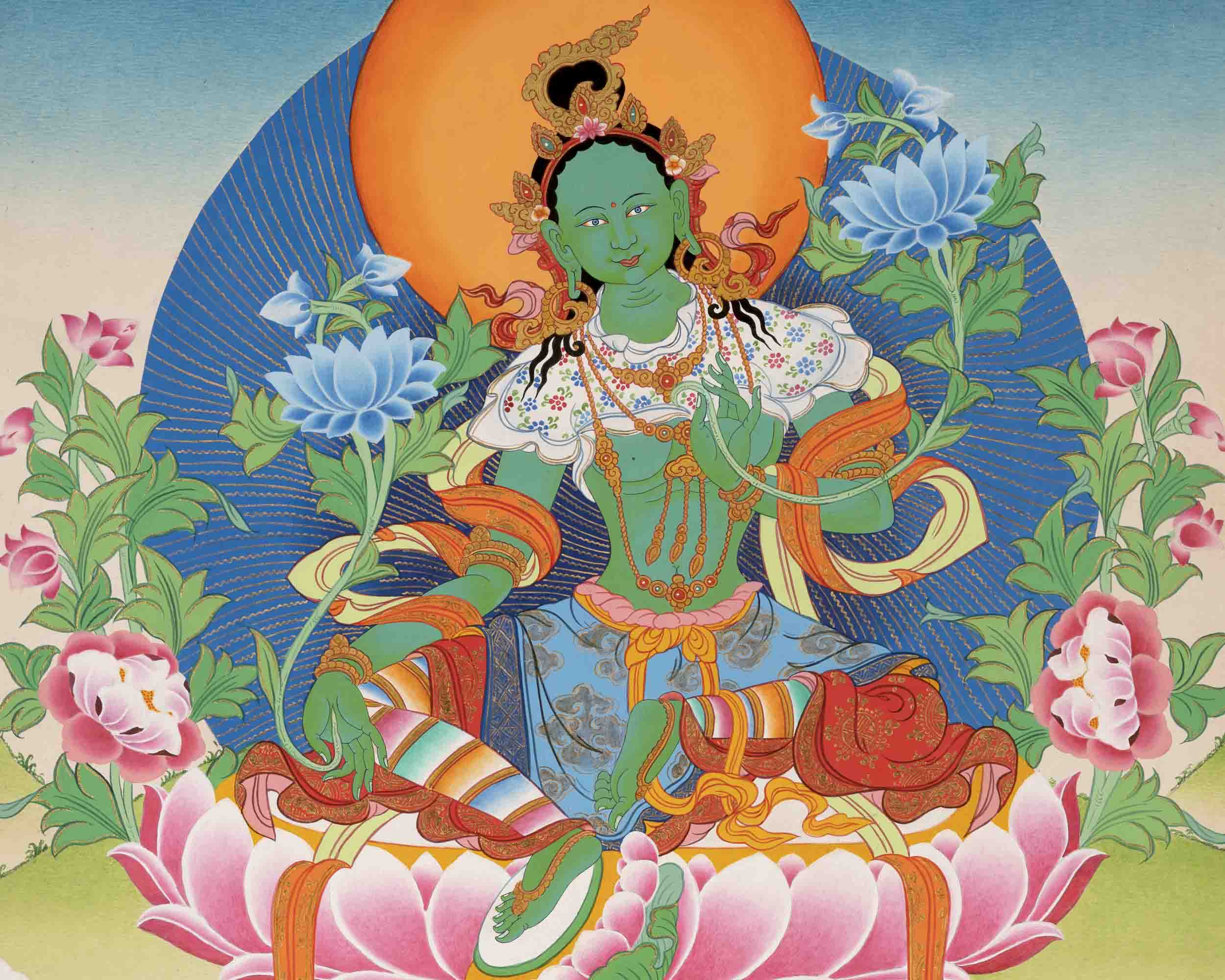 Healing Female Deity | Green Tara Thangka | Wall Decors