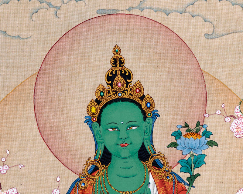 Green Tara Thangka | Tibetan Mother Tara | Natural Stone Colors and 24K Gold