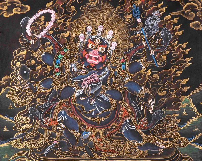 6 Armed Mahakala with Banarasi Silk Brocade  | Hand Painted Thangka Art