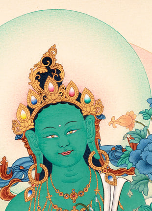 Green Tara | Traditional Tibetan Tara Thangka in Natural stone colors