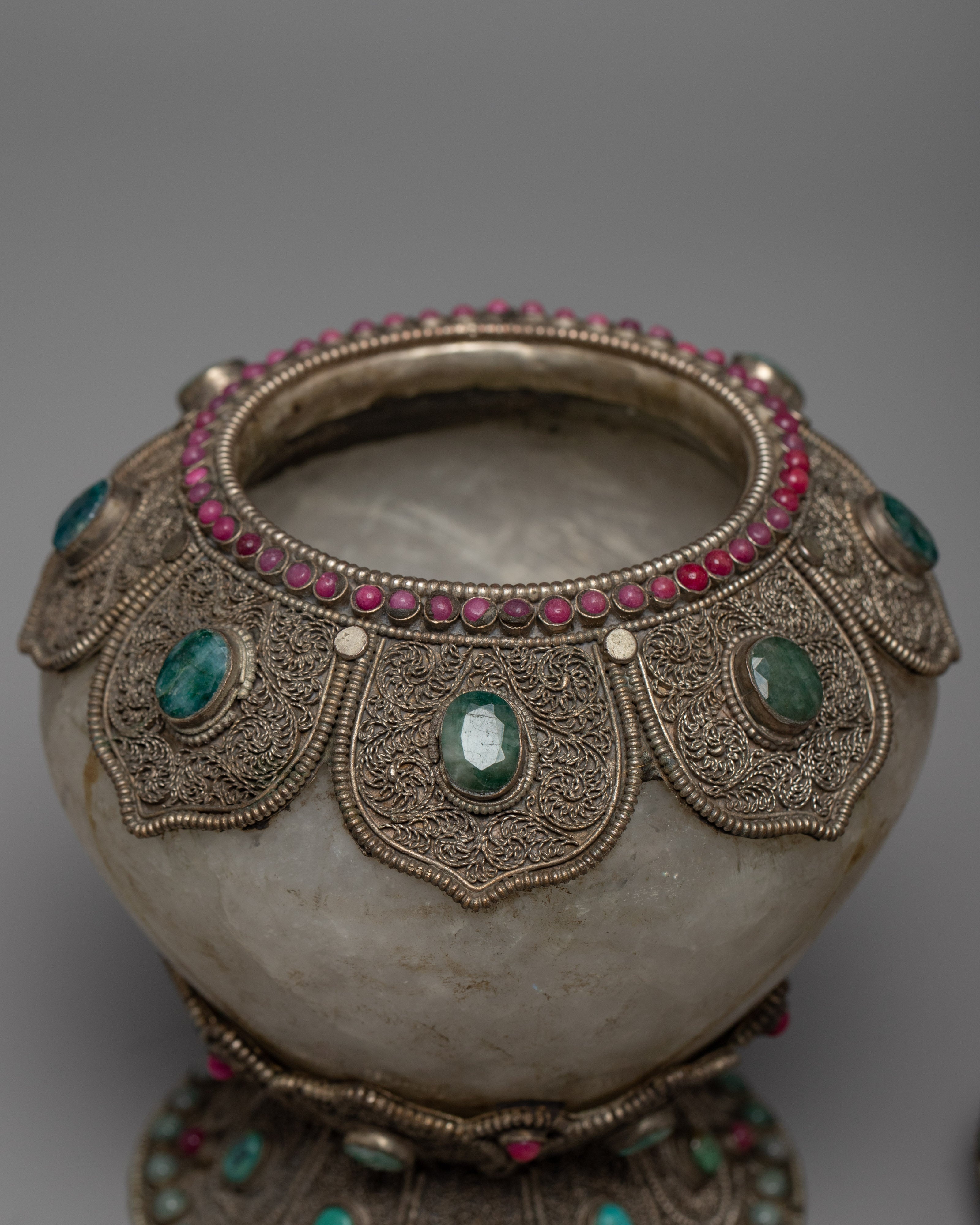 Crystal Bowl | Old Tibetan Filigree Carving Gemstones Inlay | Home Decors