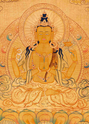 24K Gold Style Avalokitesvara Chengrezig Thangka | Wall Decor