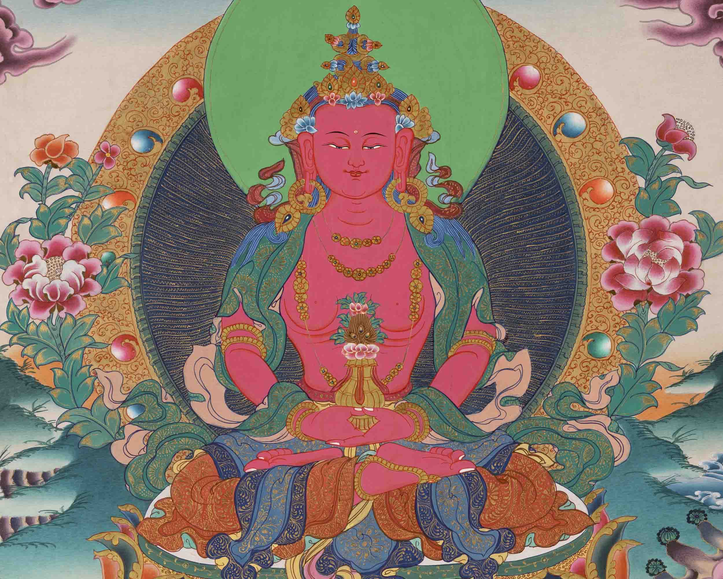 Red Amitayus Buddha Thangka | Religious Hand Painting | Wall Decors