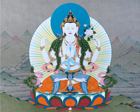 Four Armed Chenrezig Thangka Art | Tibetan Buddhist Deity Of Compassion