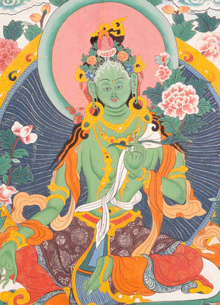Vintage Green Tara Thangka | Hand Painted Thangka With Brocade