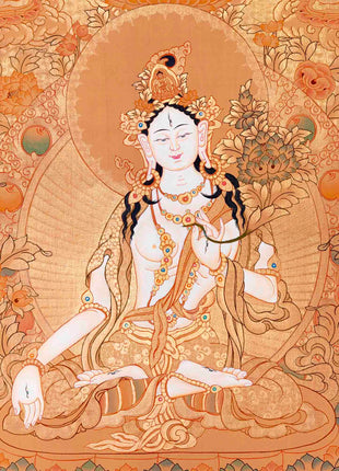 Tibetan White Tara Thangka | Wall Hanging Meditation and Yoga Art