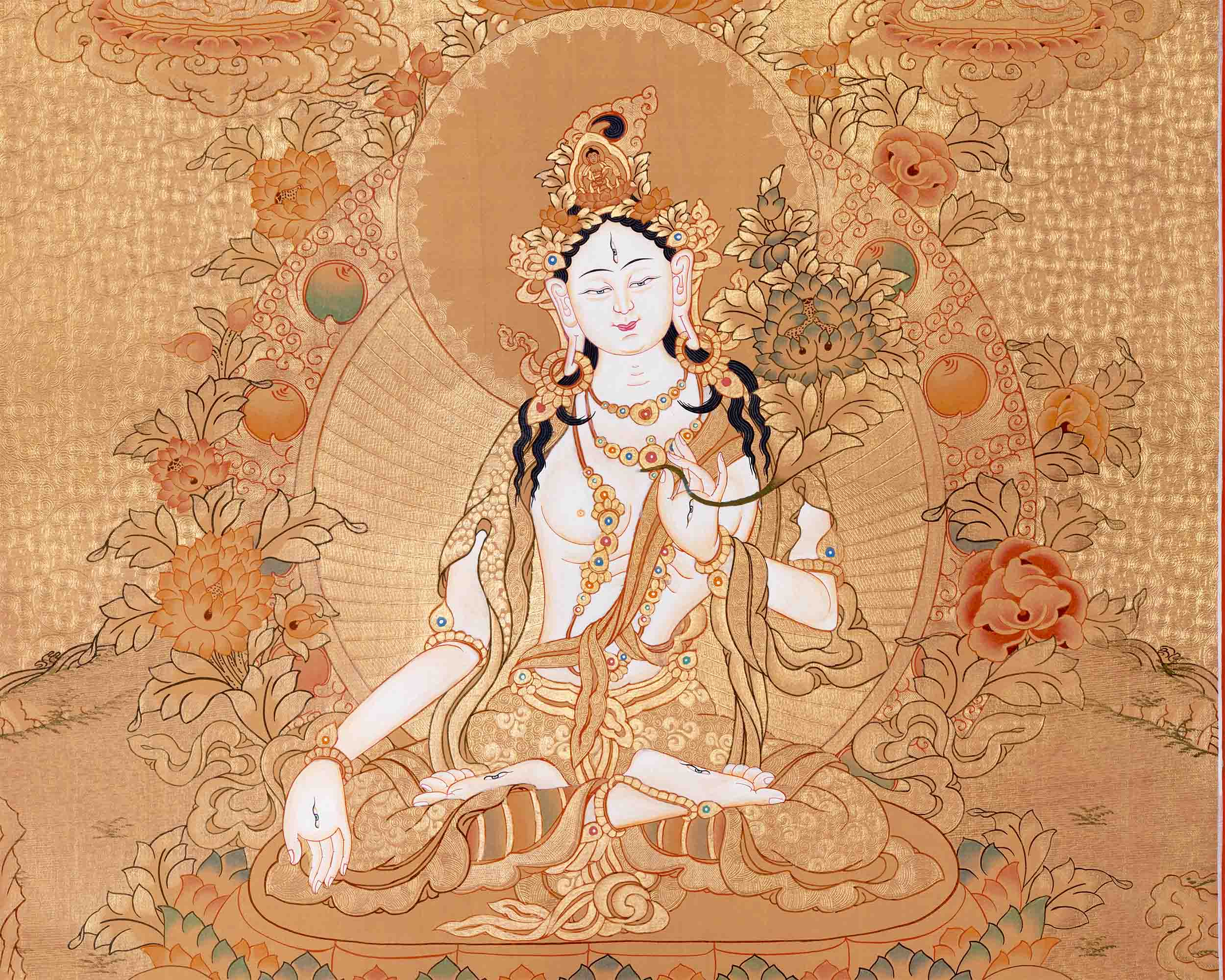 Tibetan White Tara Thangka | Wall Hanging Meditation and Yoga Art